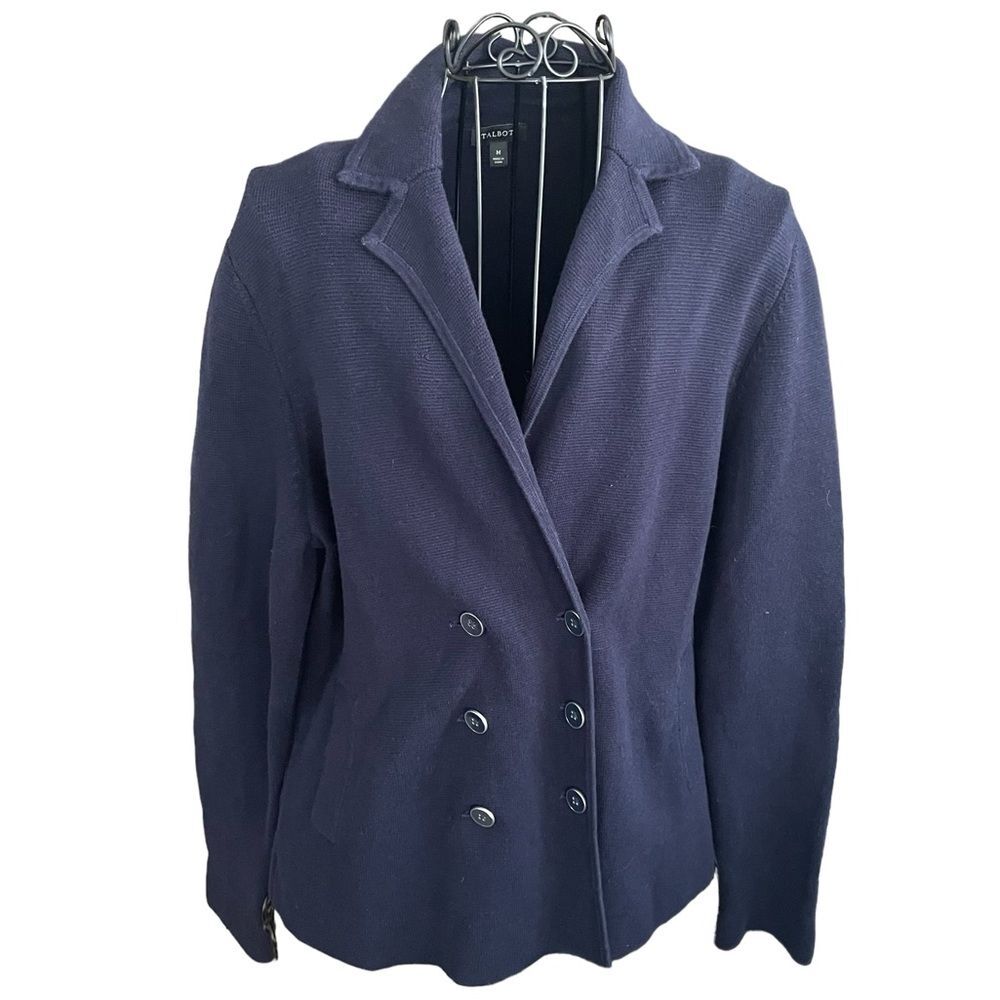 Talbots Nautical Navy Blue Double Breasted Textured Cardigan Sweater Women Sz M - Picture 2 of 10
